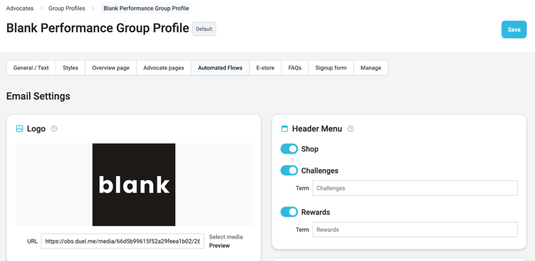 Automated Flows tab in a group profile, showing Email Settings with logo and header menu