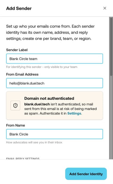Add Sender form with sender label, from email, from name, reply-to and sender address fields
