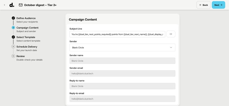 Campaign wizard Content step with sender, subject line and template
