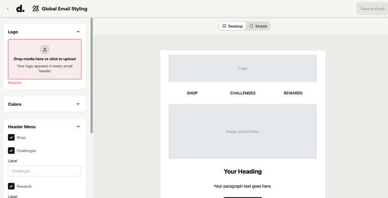Global Email Styling panel with logo, colours, header menu and footer settings