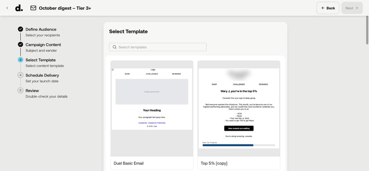 Select Template step showing Duel Basic Email and the brand templates
