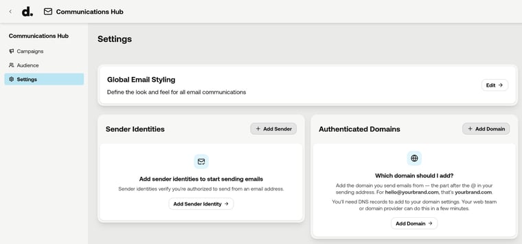Communications Hub Settings page with Global Email Styling, Sender Identities and Authenticated Domains