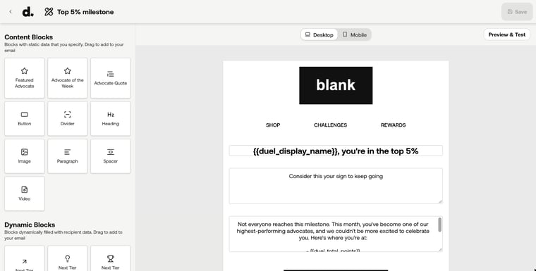 Template editor with content blocks on the left and the email preview on the right