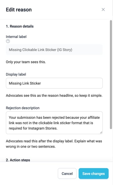 The Edit reason panel, with a locked internal label and editable display label and rejection description