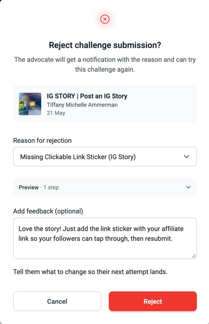 The Reject challenge submission dialog with a reason selected and a feedback note