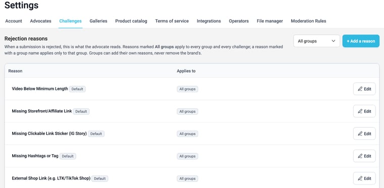 The Rejection reasons list under Settings, Challenges, with the group filter and Add a reason button