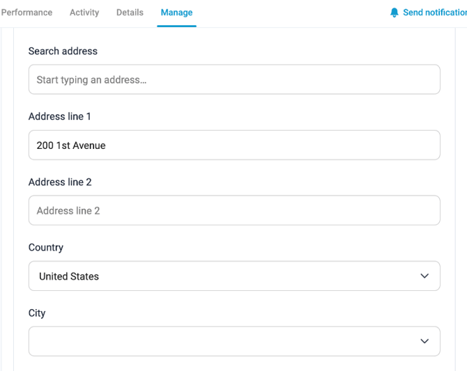 Advocate profile > Manage > Advocate address, with Search address at the top (demo programme)