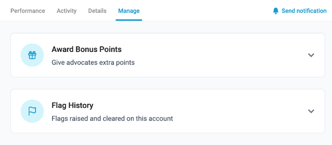 Advocate profile > Manage tab: Award Bonus Points and Flag History (demo programme)