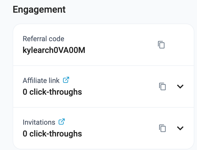 The advocate's profile in the dashboard: Performance tab, Engagement section with the referral code and affiliate link (demo programme)