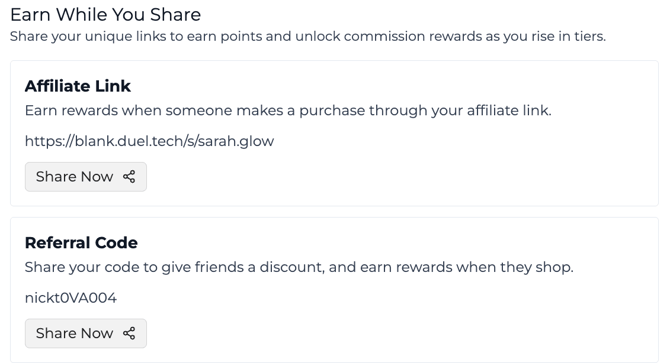 Advocate Home page: Earn While You Share, with the Affiliate Link and Referral Code (demo programme)