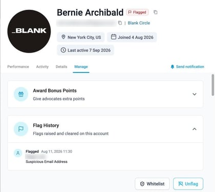 Flag History on the Manage tab of an advocate's profile