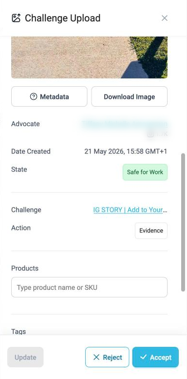 Submission side panel in Activity with Update, Reject and Accept (advocate name blurred)