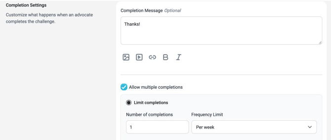 Completion Settings with the optional Completion Message