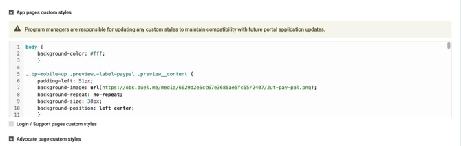 Custom styles sections: App pages, Login / Support pages and Advocate page