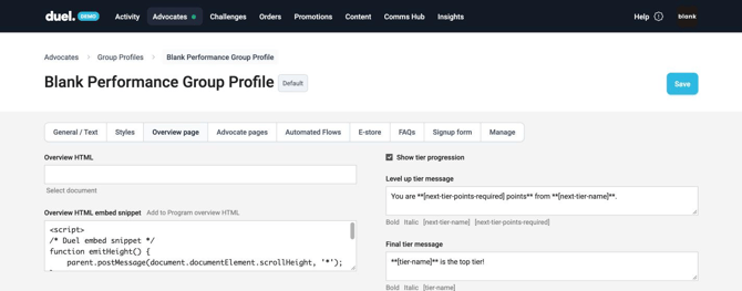 Group profile Overview page tab with the Overview HTML field