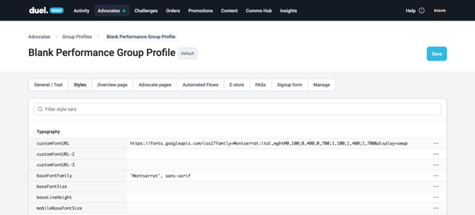 Group profile Styles tab with the customFontURL fields