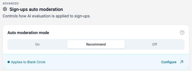 Auto moderation mode: On, Recommend or Off
