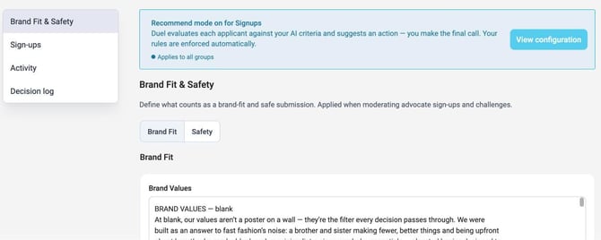 Settings, Moderation Rules, Brand Fit and Safety